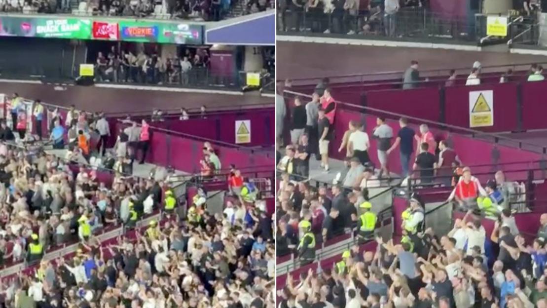 West Ham fans stream out of London Stadium after less than an hour as Chelsea run riot