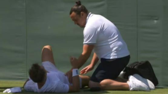 Wimbledon star whose career is funded by Novak Djokovic collapses to floor in agony and forced to retire