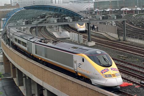 Eurostar train departing Waterloo Station.