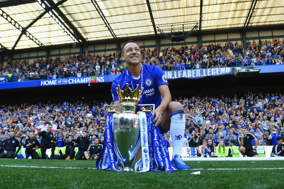 John Terry of Chelsea FC with the Premier League trophy.