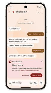 Illustration of a phone screen showing a scam detection warning during an RCS chat.