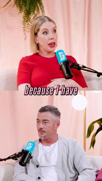 A split image shows Katherine Ryan speaking into a microphone, with her husband Bobby Kootstra below.