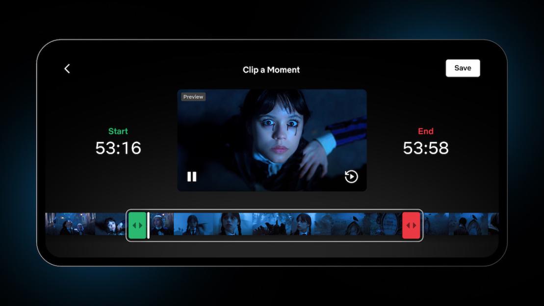 Screenshot of a video editing app interface showing a clip selection from 53:16 to 53:58.