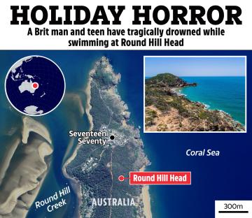 Map showing location of Round Hill Head, Australia, where a British man and teenager drowned.
