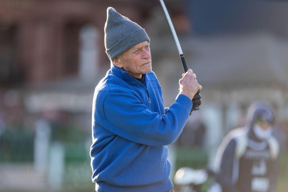 Actor Michael Douglas teeing off during the final round of the Alfred Dunhill Links Championship.