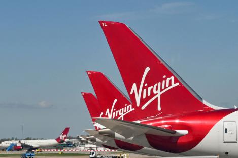 Three Virgin Atlantic Airways Boeing 787 tail fins.