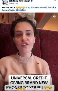 Screenshot of a woman making a TikTok video about Universal Credit giving out new phones.