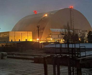 Nighttime view of the Chernobyl nuclear power plant's fourth power unit.