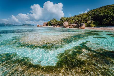 Tropical beach with granite boulders and clear water.