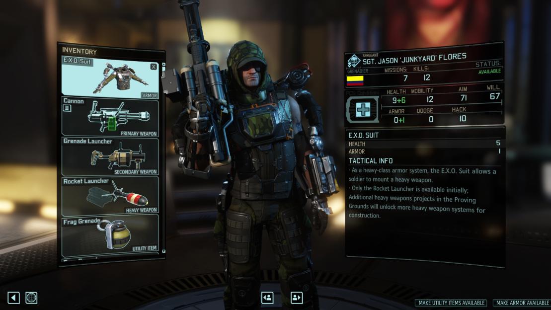 XCOM 2 character customization screen for Sgt. Jason 'Junkyard' Flores, showcasing his EXO suit, stats, and available weapons.