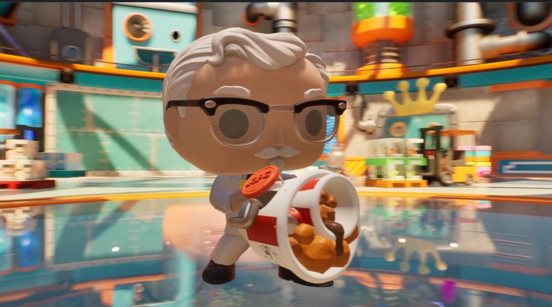 Colonel Sanders Funko Pop figure holding a bucket of fried chicken.