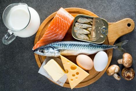 Foods rich in vitamin D: salmon, mackerel, sardines, eggs, cheese, milk, butter, and mushrooms.
