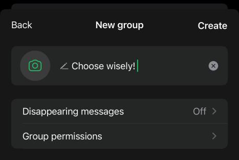 Screenshot of a new group creation screen with options for choosing a group image, disappearing messages, and group permissions.