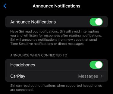 Siri notification settings screenshot.