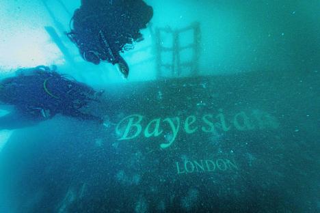 Underwater photo of divers exploring the sunken Bayesian yacht.