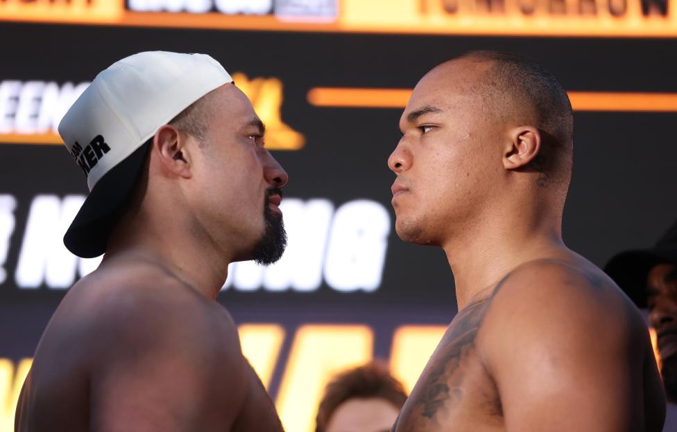 Joseph Parker and Fabio Wardley face off at a weigh-in event.