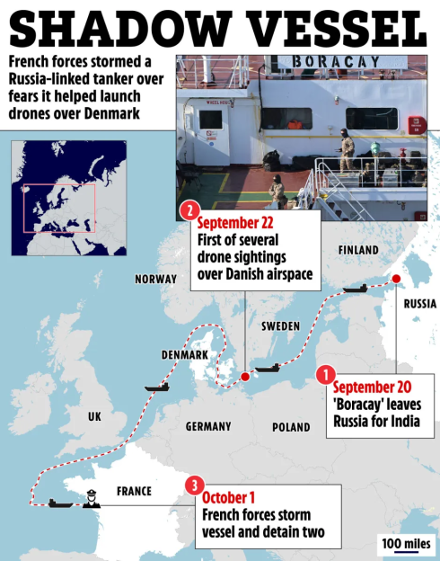 Illustration of a map showing the route of the "Boracay" vessel from Russia to France, with key dates of drone sightings and vessel storming by French forces.