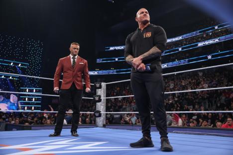 SEATTLE, WASHINGTON - APRIL 11: Nick Aldis and Randy Orton look on during SmackDown at Climate Pledge Arena on April 11, 2025 in Seattle, Washington. (Photo by Eric Johnson/WWE via Getty Images)