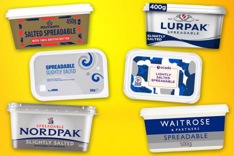 Collage of spreadable butter tubs.