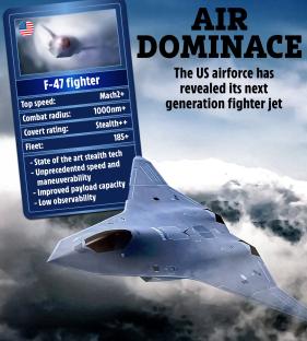Illustration of the F-47 fighter jet, with specifications.