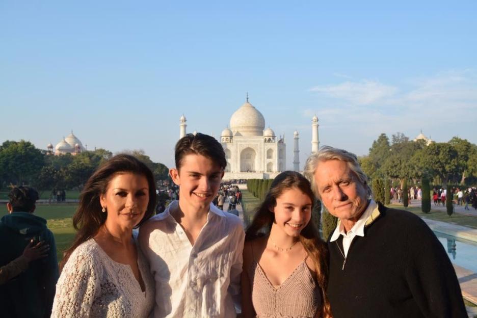 Catherine Zeta-Jones, Michael Douglas, and their children at the Taj Mahal.