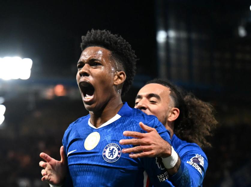 Estevao of Chelsea celebrates scoring his team's second goal.