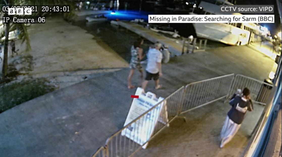 TV OUT. ALL BROADCAST WEBSITES OUT. No cropping permitted. Picture must be credited to BBC/Missing in Paradise. For use in UK, Ireland or Benelux countries only Screen grab taken from CCTV dated 07/03/21 issued by the BBC showing the last recorded sighting of British woman Sarm Heslop, recorded six hours before she was reported missing, which shows her with her American boyfriend, Ryan Bane, walking side by side down a wooden dock before boarding a dinghy to head back to their luxury yacht anchored in the next bay. Sarm went missing from a catamaran owned and operated by Mr Bane off the coast of St John in the Virgin Islands, in the early hours of March 8, 2021. The CCTV recording, obtained from police, is being shown in a BBC Two and BBC Three documentary called Missing in Paradise: Searching for Sarm, which starts on BBC Two this Wednesday at 10pm. Issue date: Saturday September 13, 2025. PA Photo. Photo credit should read: BBC/Missing in Paradise/PA Wire NOTE TO EDITORS: Not for use more than 21 days after issue. You may use this picture without charge only for the purpose of publicising or reporting on current BBC programming, personnel or other BBC output or activity within 21 days of issue. Any use after that time MUST be cleared through BBC Picture Publicity. Please credit the image to the BBC and any named photographer or independent programme maker, as described in the caption.