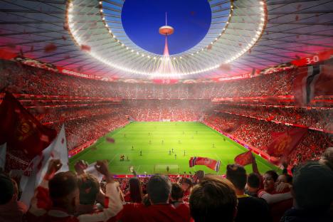 Illustration of a packed Manchester United stadium during a game.
