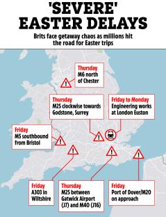Illustration of UK map highlighting Easter travel delays.