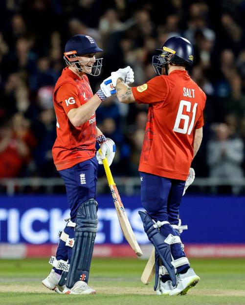 England cricket captain Harry Brook congratulates Phil Salt on his T20 century.