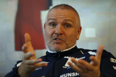 Peter Fury, boxing trainer, speaks to the media.