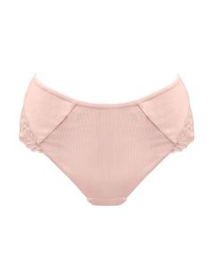 Pink high-waisted briefs with lace trim.