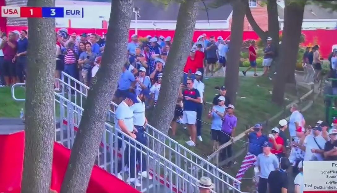 Eagle-eyed fans spot embarrassing moment Ryder Cup supporter completely stacks it live on TV while following Team Europe