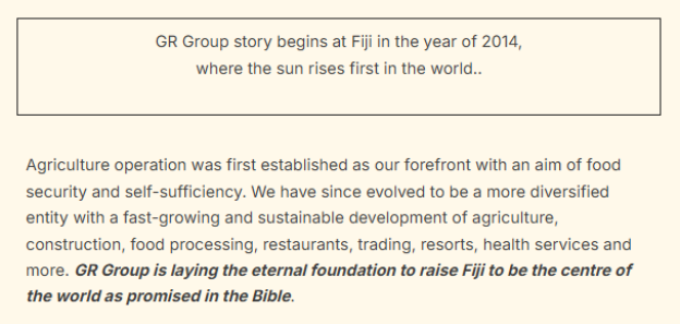 Text describing GR Group's history and expansion in Fiji.