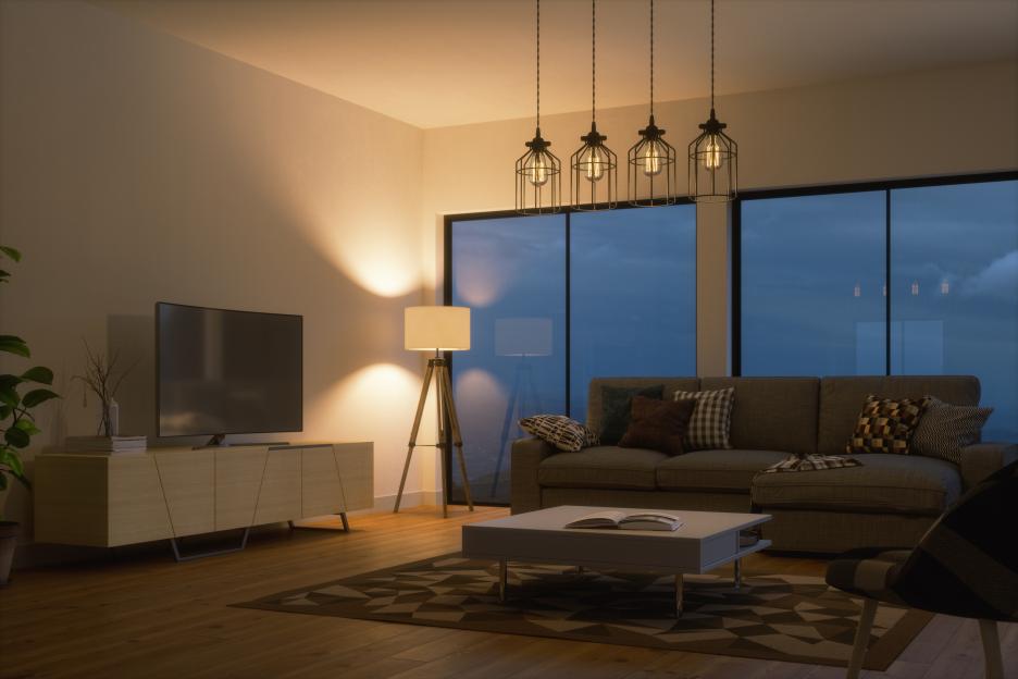 Cozy Scandinavian-style living room with television and furniture at night.