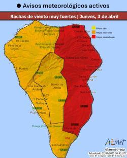 Map of strong wind gusts in the Canary Islands.