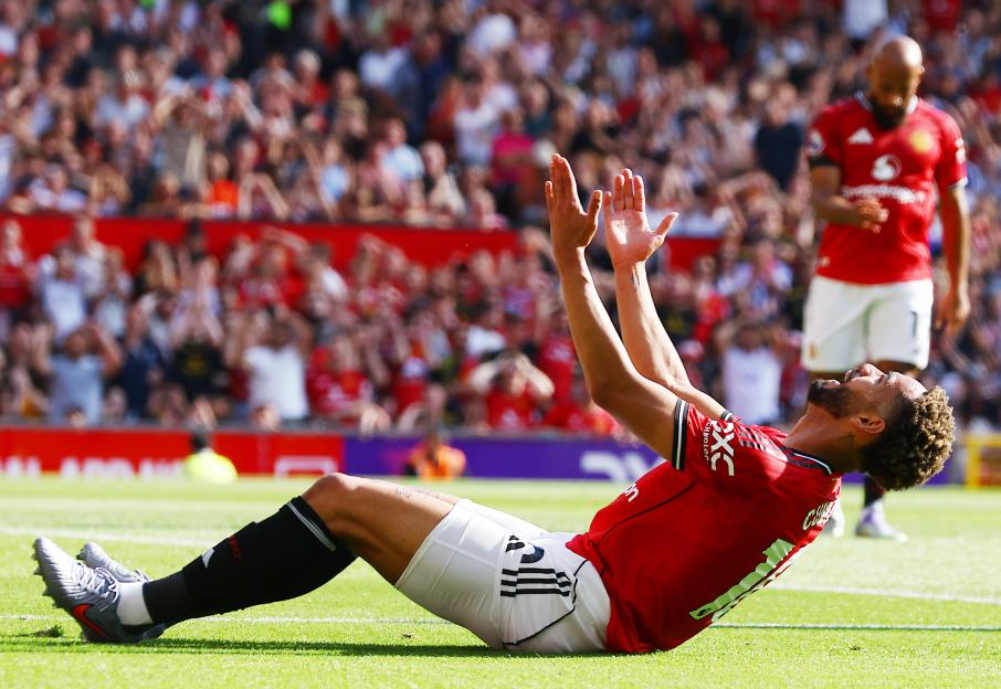 Matheus Cunha of Manchester United reacting to a missed chance.