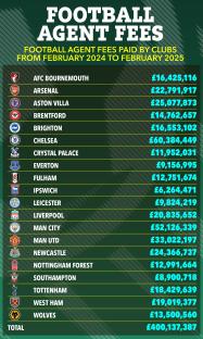 Illustration of football agent fees paid by clubs from February 2024 to February 2025.