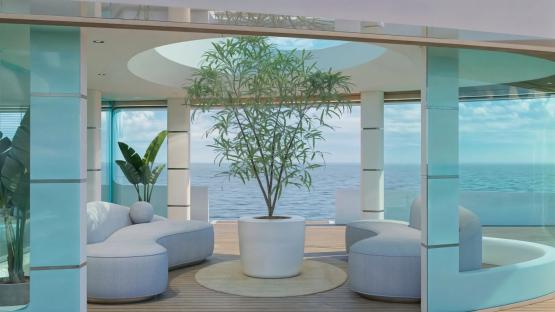 Illustration of a superyacht's zen garden with seating.