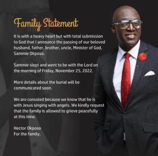 The Okposo Family Release Official Statement On The Passing of Sammie Okposo