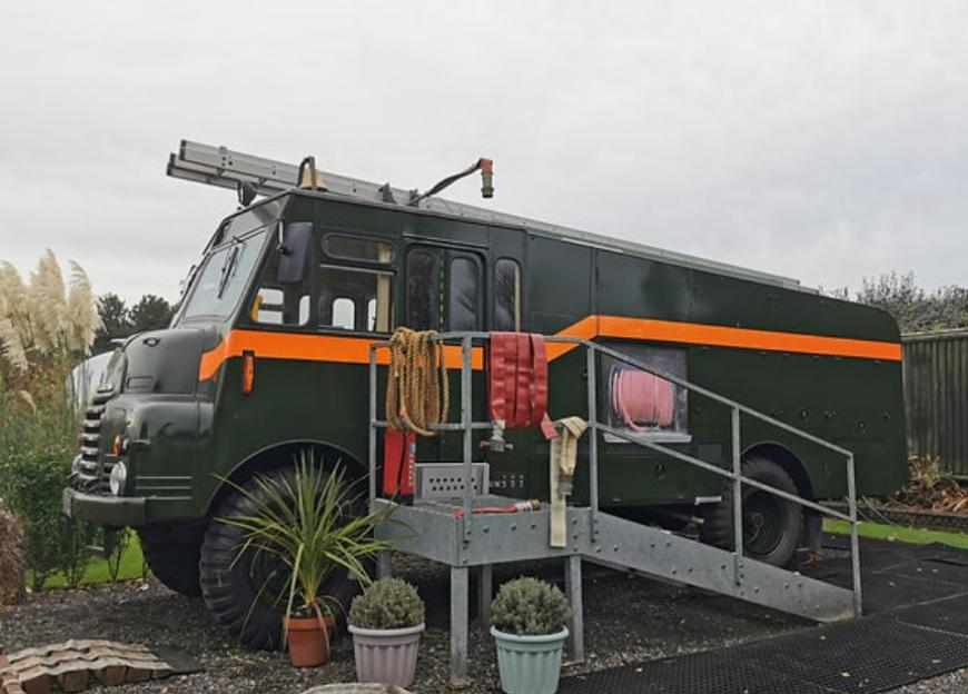 Green Goddess fire engine at Manor House Glamping.