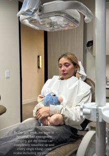 Woman in dentist's chair holding stuffed animal, caption describes recent misfortunes.