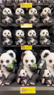 Several shelves of panda figurines.