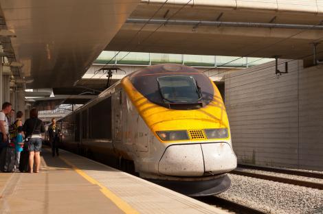 Eurostar high-speed train at a station.