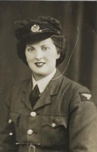 Black and white photo of Lynda Jones, born on VE Day, in uniform.