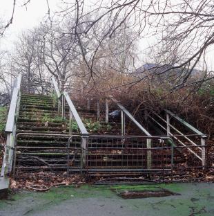 Overgrown stairs at Crystal Palace National Athletics Stadium.