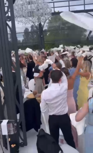 Wedding guests throwing napkins in the air.
