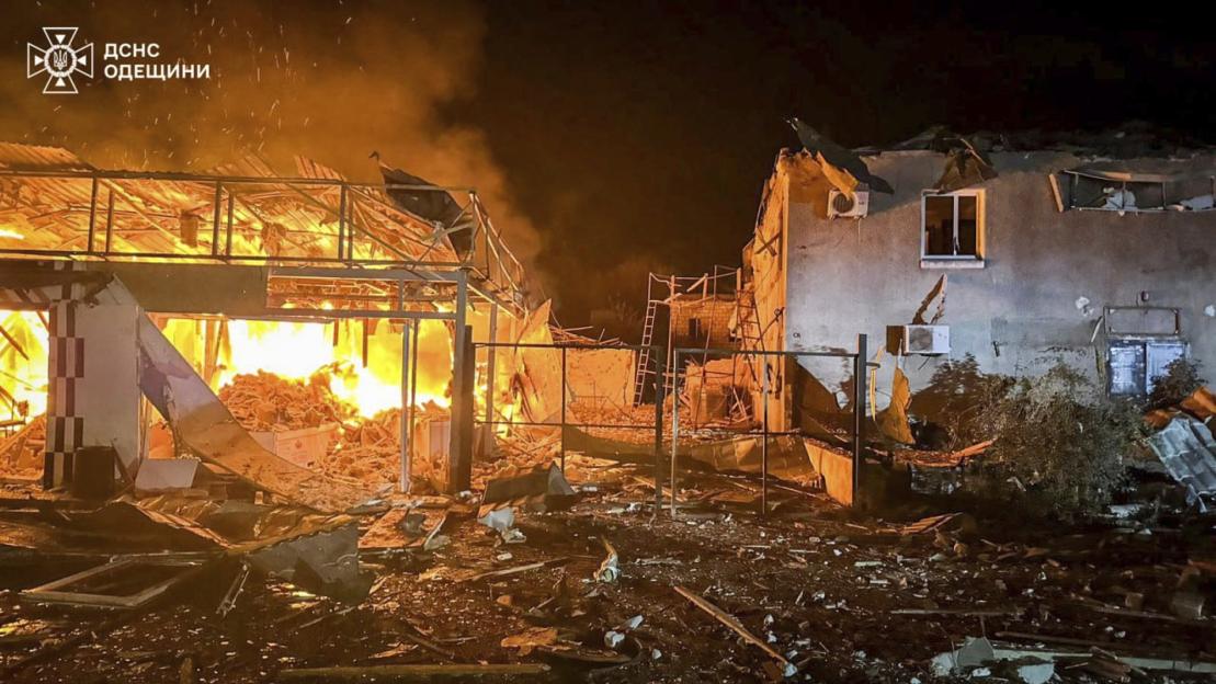 Fire following a Russian missile attack in Tatarbunary, Odesa region, Ukraine.