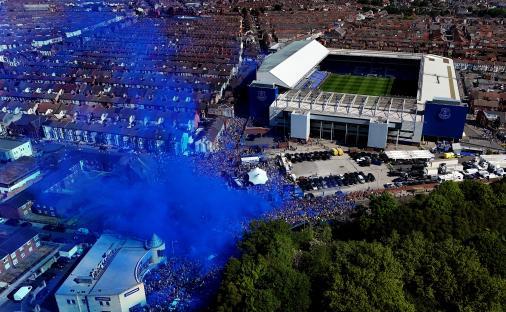 Aerial view of Everton team bus arriving at Goodison Park.