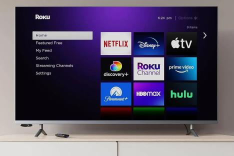 An image collage containing 1 images, Image 1 shows Roku TV displaying various streaming services